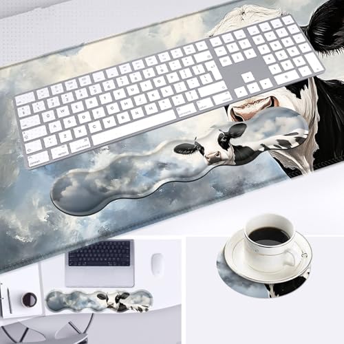 Large Mouse Pad and Keyboard Wrist Rest, Desk Pad for Keyboard and Mouse, 4-in-1 Large Gaming Mouse Pad with Wrist Support, Desk Mat for Home Office Study Game,Cute Cow - color: Cute Cow