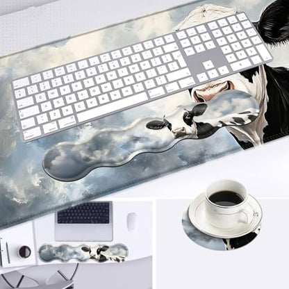 Large Mouse Pad and Keyboard Wrist Rest, Desk Pad for Keyboard and Mouse, 4-in-1 Large Gaming Mouse Pad with Wrist Support, Desk Mat for Home Office Study Game,Cute Cow - color: Cute Cow