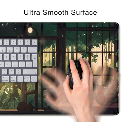 Cute Lofi Desk Mat Green Plants Mouse Pad Large Black Cat Aesthetic Desk Pad Kawaii Anime Extended Gaming Mousepad XL Laptop Keyboard Mouse Mat Deskmat 31.5"x11.8" Cute Office Decor - color: Green Plants