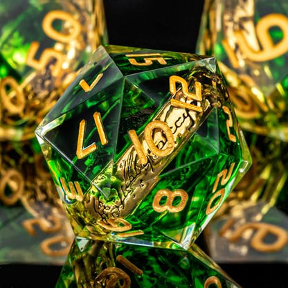 OUKELANWO Magic Lord Rings DND Dice Set with Box, 7Pcs Resin LOTR D&D Dice Set for Role Playing Game, Green Gold Dungeons Dragons D and D Sharp Edge Dice D20 D12 D10 D8 D6 D4 - color: Green