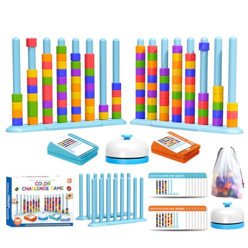 Color Challenge Game – 2 Pack Color Matching Puzzle Game for Family Game Night and Party, Board Game for Kids 6-8-12, Adults, Stacking Game with 2 Stack Racks, 100 Cards, 120 Rings, Bell, Storage Bag‌ - color: Pale Blue