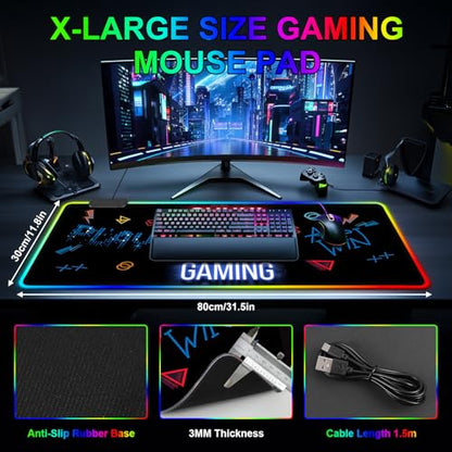 RGB Mouse Pad, Gaming Mousepad with 13 LED Light Modes | Large Mouse Mat with Non-Slip Rubber Base for Computer Keyboard Desk, 31.5X11.8inch - color: Black-a