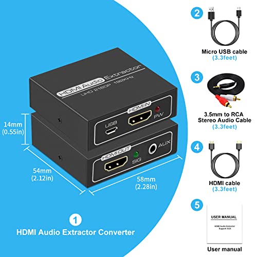 HDMI Audio Extractor 4K with 3.5mm AUX Stereo and L/R RCA Out Converter Adapter Splitter Support 4K 1080P 3D Compatable for PS3 Xbox Fire Stick - color: BLACK