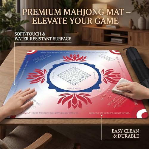 Mahjong Mat 2025 Upgraded No-Crease & No Odor Design, 32.3 Inch with Waterproof Velvet, Non-Slip PU Silicone, Lightweight for Noise Reduction, Includes Printed Rules for Tiles and Cards (Red-Blue) - color: Red-blue