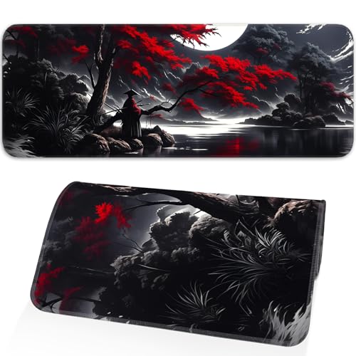 Japanese Dark Red Moon Gaming Mouse Pad, Extended Mouse Pad with Non-Slip Base, Full Keyboard Pad with Stitched Edges, Large Desk Pad for Gaming, Office, Home 31.5 x 11.8 Inch - color: Japanese style
