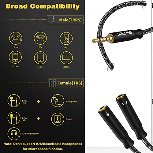 Headphone Splitter Cable TRRS 3.5mm 2 Female 1 Male Aux Splitter 30cm | Nylon Braided Cord, Gold Plated, Separate Audio and Mic, For 3.5mm PC Laptop Phone PS4 Xbox 1 Switch 2/PS4/PS5/Steam Deck - size: 0.65FT