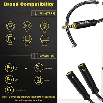 Headphone Splitter Cable TRRS 3.5mm 2 Female 1 Male Aux Splitter 30cm | Nylon Braided Cord, Gold Plated, Separate Audio and Mic, For 3.5mm PC Laptop Phone PS4 Xbox 1 Switch 2/PS4/PS5/Steam Deck - size: 0.65FT