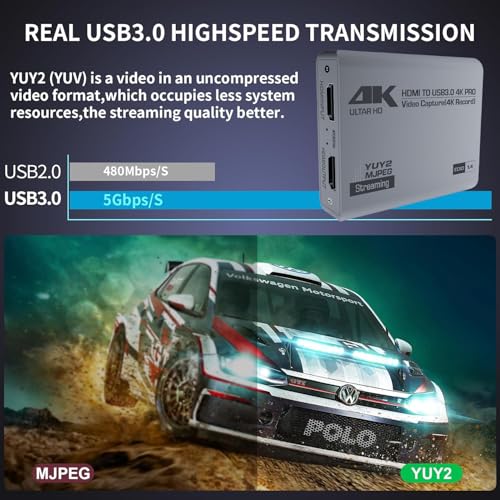 4K HDMI Video Capture Card with Loop-Out, USB 3.0, 1080P 60FPS/2K 30FPS, Audio & Video Streaming Capture Device for PS5, Switch, Camera, PC, Compatible with OBS