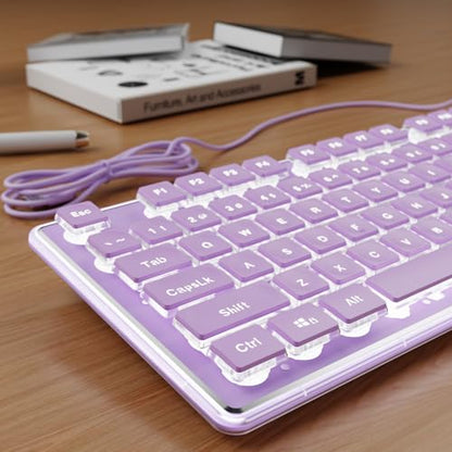 SEUNKWANG Wired Backlit Keyboard with Pudding Keycaps, Quiet Full Size Computer Keyboard White Backlight Easy-to-Read, Never Fade, Metal Panel, USB Cute Desk Setup for Windows PC Desktop, Purple - color: Purple