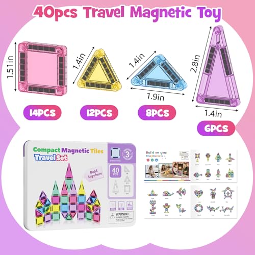 WMDXU Mini Magnetic Tiles Girls: Travel Building Set with Iron Box for 3+ | 42PCS On-the-Go Travel Toy, Strong Magnets Hold Tiles Upside Down without Falling, Iron Box Storage, for Girls 3-8 - style: Mini Magnetic Tiles