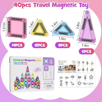 WMDXU Mini Magnetic Tiles Girls: Travel Building Set with Iron Box for 3+ | 42PCS On-the-Go Travel Toy, Strong Magnets Hold Tiles Upside Down without Falling, Iron Box Storage, for Girls 3-8 - style: Mini Magnetic Tiles