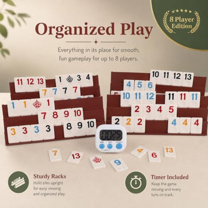 Smilejoy Rummy Cube 8 Player Edition, 214 Tiles in Travel Canvas Bag | Large numbered melmine tiles, 8 playing racks, 6 joker, timer, Travel carry bag, Tile travel game for Festival Gift choice - size: Large (6-8 player)