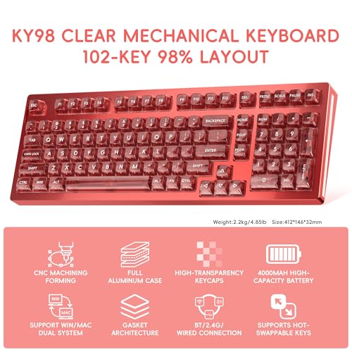 kutethy KY98 Wireless Mechanical Keyboard with Transparent Keycaps,Full Aluminum CNC,Hot-swappable,Pre-lubed Clicky Switches,Gasket Structure,RGB Backlit,BT5.0/2.4G/USB-C Wired (Red) - color: Red