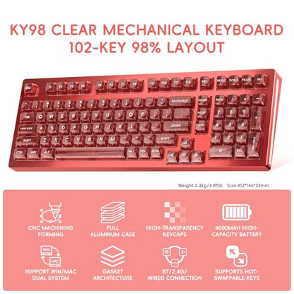 kutethy KY98 Wireless Mechanical Keyboard with Transparent Keycaps,Full Aluminum CNC,Hot-swappable,Pre-lubed Clicky Switches,Gasket Structure,RGB Backlit,BT5.0/2.4G/USB-C Wired (Red) - color: Red