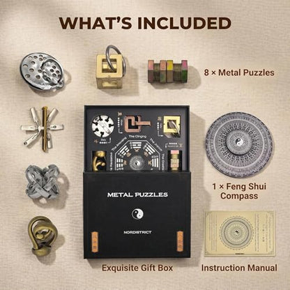 Bagua Metal Puzzles Set with Feng Shui Compass, 8+1 Alloy Brain Teasers, Traditional Chinese Intellectual Puzzle Toys for Adults, Stress Relief Fidget Desk Toy & Gift for Puzzle Lovers - color: Bagua