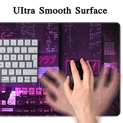 Purple Gaming Mousepad Japanese Desk Mat XXL Extended Anime Cool Large Mouse Pad Keyboard Mouse Mat Desk Pad for Computer Laptop Gamers 31.5''X15.7'' Non-Slip Rubber Base with Stitched Edges - color: A Purple Neon Sign