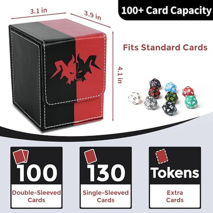 Card Deck Box with 2 Dividers, MTG Commander Deck Box Holds 100+ Double-Sleeved Cards, Leather Magnetic Deck Case Compatible with Magic TCG CCG Cards, Black/Red - color: 1. Blac k& Red, size: 100 Double-sleeved Cards Vertical