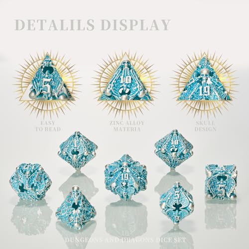 Metal Dice Set, Matt Blue White 7 PCS Skull Hollow D&D Dice Set for Dungeons and Dragon Dice,MTG RPG Role Playing Game(Matte Blue White Skull) - color: Matte Blue White Ts