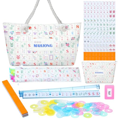 Ceenna American Mahjong Set Complete 160 Pcs Tile/Pushers/Carrying Bag/dice/Chips, 1.2 Inch Green Back Melamine Mahjong Tiles, Hand Carved Pattern for Adult Mah Jong, Beginners(Cute) - style: Cute