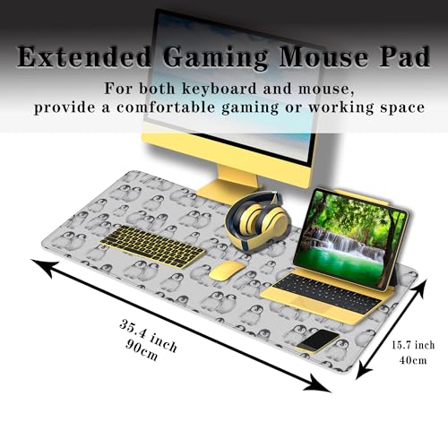 Gaming Mouse Pad White, Big Mouse Pads Office Desk Pad, XXL Mousepad Non-Slip Rubber Base Waterproof with Stitched Edges, 35.4 X 15.7 inch for Work/Game/Office/Home Little Penguin Isolated - color: Little Penguin Isolated