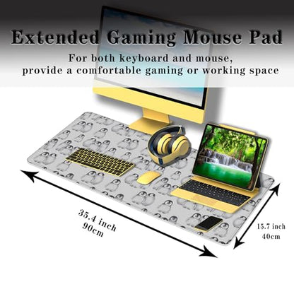 Gaming Mouse Pad White, Big Mouse Pads Office Desk Pad, XXL Mousepad Non-Slip Rubber Base Waterproof with Stitched Edges, 35.4 X 15.7 inch for Work/Game/Office/Home Little Penguin Isolated - color: Little Penguin Isolated