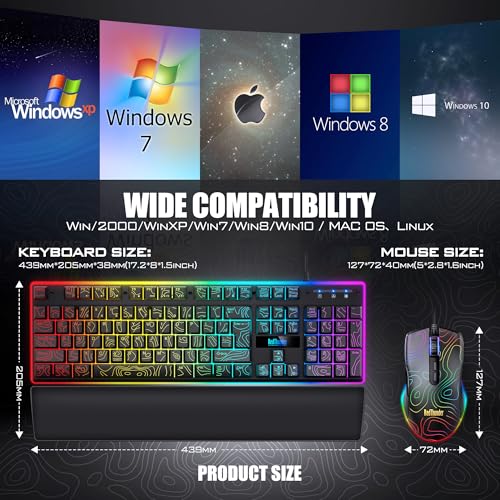 RedThunder K10 Wired Gaming Keyboard & Mouse Combo with Wrist Rest, Adjustable RGB Mechanical Feel Anti-ghosting Keyboard + 7D 7200 DPI Mouse+Soft Leather Wrist Rest for PC Gamers (Black Lines) - color: Black Lines