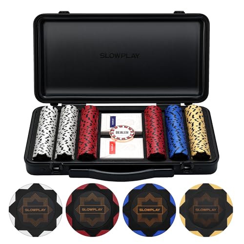 SLOWPLAY Nash Clay Poker Set, 14g&40mm Poker Chips for Texas Hold'em | Black Gold Edition; 300 pcs Non-Numbered Set; premium case with PC Shell; clay composite poker chips; Art Deco style - color: Black Gold, size: 300PCS Non-Numbered Set