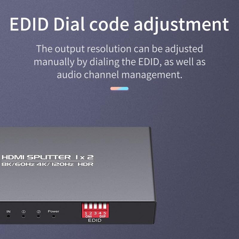 8K HDMI Splitter 1 in 2 Out 4K 120hz，HDMI 2.1 Splitter 1x2 8K 60Hz, Downscaler EDID Mode, with Spdif, 3.5mm Audio Out, Compatible with Xbox Series X, PS4 Pro, PS5, Blu-ray Player