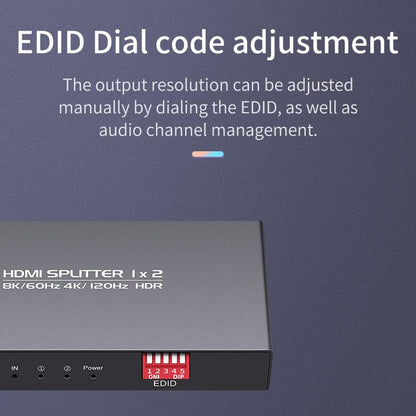 8K HDMI Splitter 1 in 2 Out 4K 120hz，HDMI 2.1 Splitter 1x2 8K 60Hz, Downscaler EDID Mode, with Spdif, 3.5mm Audio Out, Compatible with Xbox Series X, PS4 Pro, PS5, Blu-ray Player