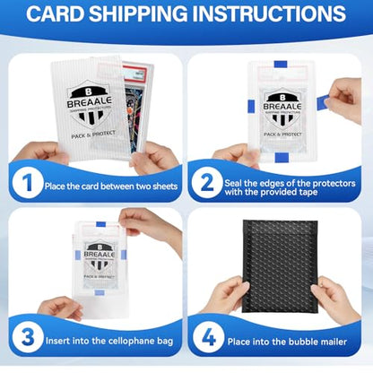 Trading Card Shipping Kit, Includes 100 4'' x 6'' Graded Card Shipping Protectors, 50 6'' x 8.7'' Envelope Bubble Mailers, 20M Painter’s Tape, 50 Cellophane Bags, PSA BGS CGC Slabs & Raw - color: 4'' x 6''
