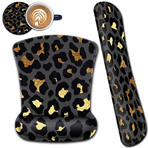 Mouse Pad with Ergonomic Wrist Support and Memory Foam Keyboard Wrist Rest, Non-Slip PU Base Gel Mouse Mat, Keyboard Palm Rest for Home Office Wireless Gaming Desk Pad Gold & Black Leopard - color: Yvb-mouse Pad -2-b-29