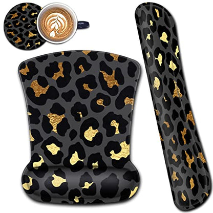 Mouse Pad with Ergonomic Wrist Support and Memory Foam Keyboard Wrist Rest, Non-Slip PU Base Gel Mouse Mat, Keyboard Palm Rest for Home Office Wireless Gaming Desk Pad Gold & Black Leopard - color: Yvb-mouse Pad -2-b-29