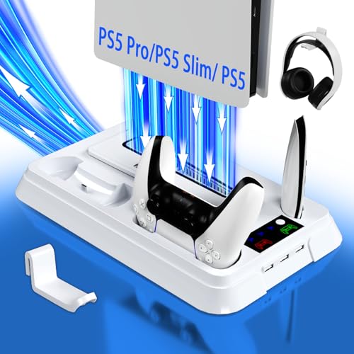 PS5/Slim/Pro Stand for PlayStation 5 Disc & Digital Console, PS5 Cooling & Charging Station, PS5 Controller Charger Incl.3 Level Fan,Headset, PS5/Slim/Pro Accessories Comes 3 USB Ports - color: White-1