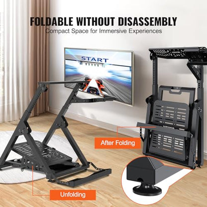VEVOR Foldable Racing Steering Wheel Stand, Height Adjustable Universal Base Compatible with Logitech & Thrustmaster Racing Wheel and Pedal, Movable Wheels Heavy-duty Frame Standard GT/Formula Seating - size: Square pipe