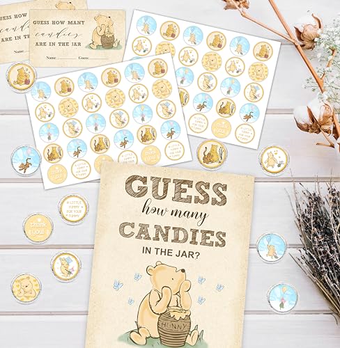 ALodr Winnie Guess How Many Candies Baby Shower Games, Includes ‘Guess How Many Candies’ Standing Sign, 50 Guest Guess Cards & 180 Stickers, Baby Shower Party Decorations Supplies - color: Winnie 01