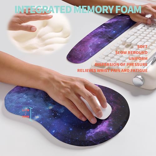 2-in-1 Ergonomic Set, Wave Rise Keyboard Wrist Rest and Massage Bulge Slope Mouse Pad Wrist Support, Cushion Memory Foam Integrated to Relieve Wrist Pain, Galaxy - color: Galaxy