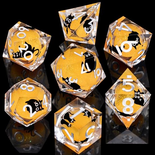 DND Cat Dice Set Green Sharp Edge Dice with Box, RPG D and D Dice Dungeons Dragons Role Playing Game Polyhedral Resin Dice Set D20 D12 D10 D8 D6 D4 - color: Orange
