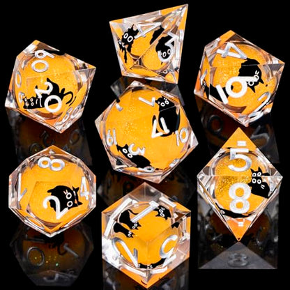 DND Cat Dice Set Green Sharp Edge Dice with Box, RPG D and D Dice Dungeons Dragons Role Playing Game Polyhedral Resin Dice Set D20 D12 D10 D8 D6 D4 - color: Orange