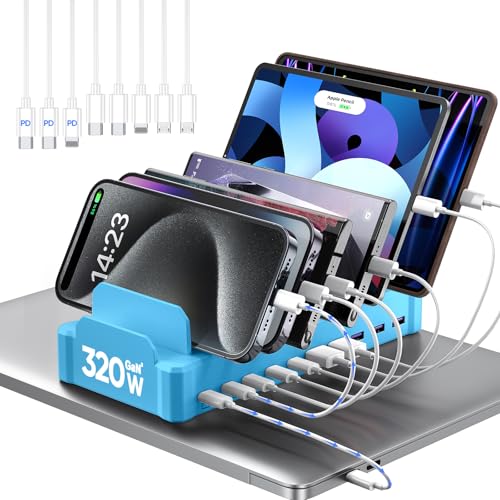 320W Charging Station for Multiple Devices, Zobirez 10-Port USB C Fast Charger Stations for MacBook, iPhone, Android Cell Phone, iPad, Tablet, Family Multi-Device Organizer Charging Dock, Blue - color: Blue