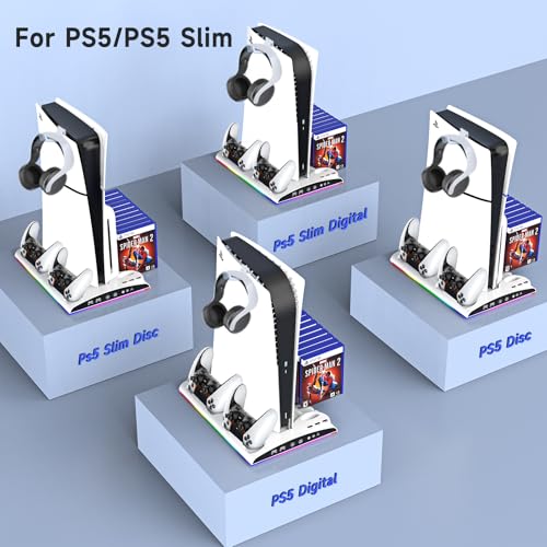 Cooling Station for PS5/PS5 Slim Disc & Digital Console, PS5/PS5 Slim Stand Cooling Stand with RGB Controller Fast Charging Station for PS 5 Console Accessories with Cooling Fan