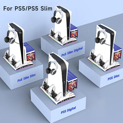 Cooling Station for PS5/PS5 Slim Disc & Digital Console, PS5/PS5 Slim Stand Cooling Stand with RGB Controller Fast Charging Station for PS 5 Console Accessories with Cooling Fan