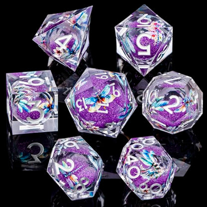 DND Dragonfly Dice 7PCS Polyhedral Sharp Edge Dice Set with Gift Case for Dungeons Dragons Role Playing Game, RPG Resin D and D Dice D6 D8 D10 D12 D20 D% (Silver Purple) - color: Qt-silver Purple