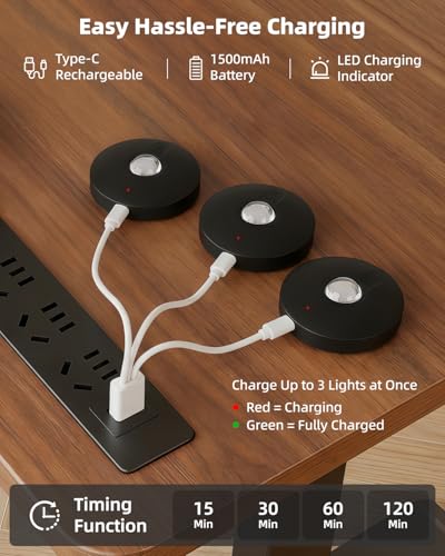 Rechargeable Puck Lights with Remote Control, 1500mAh Battery Operated Tap Lights, Dimmer & Timer Under Cabinet, Wireless LED Stick-On for Closet, Bedroom, Kitchen - Black 3Pcs - color: Black