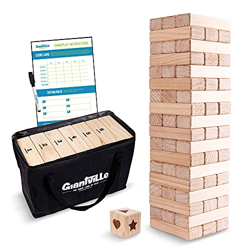 Giantville Giant Tumbling Timber Toy - X-Large Premium Pine Wood Life-Size Blocks Tower - Floor/Board Indoor/Outdoor Yard Game - 54-Pieces + Dice + Carry Bag - Grows to Almost 4-Feet - 2025 Version - size: X-Large