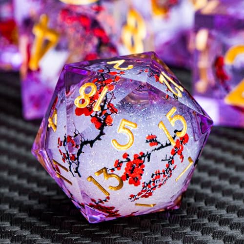 ARUOHHA DND Resin Dice Plum Blossom Liquid Core Golden Purple Sharp Edged Dragons Polyhedral Dice Set with Gift Box, Dungeons D and D Dice Set Role Playing Game D20 D12 D10 D8 D6 D4 - color: Flower&purple White-2