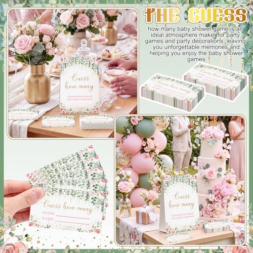 Rose Eucalyptus Guess How Many Baby Shower Game Pack of 1 Tabletop Sign with Stand and 50 How Many Cards, Blush Floral Gender Reveal Party Game Decorations - style: Rose Eucalyptus