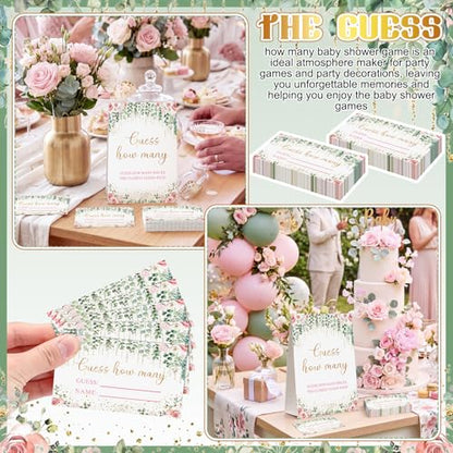 Rose Eucalyptus Guess How Many Baby Shower Game Pack of 1 Tabletop Sign with Stand and 50 How Many Cards, Blush Floral Gender Reveal Party Game Decorations - style: Rose Eucalyptus