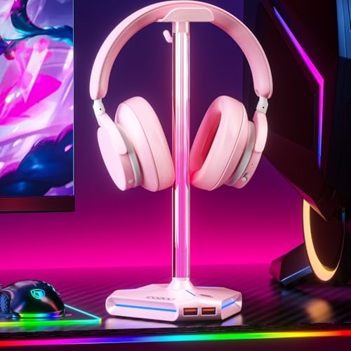 Desk headset stand Touch RGB Light Stand 4 Color Modes 2 USB Pink | Headphone Stand for Desk with 4 Fixed Colors & RGB Cycle Lighting,Built-in 2 USB2.0 Charging Ports, for Most Gaming Headsets - color: Pink
