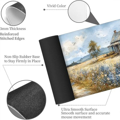 Farmhouse Extended Mouse Pad Wildflower Retro Grassland Blue Sky Mousepad XL Large Gaming Mouse Pad Laptop Keyboard Mat Desk Pad Daily Use with Keyboard and Laptop Devices 31.5x11.8 Inch - color: Farmhouse, size: 31.5L x 11.8W inches