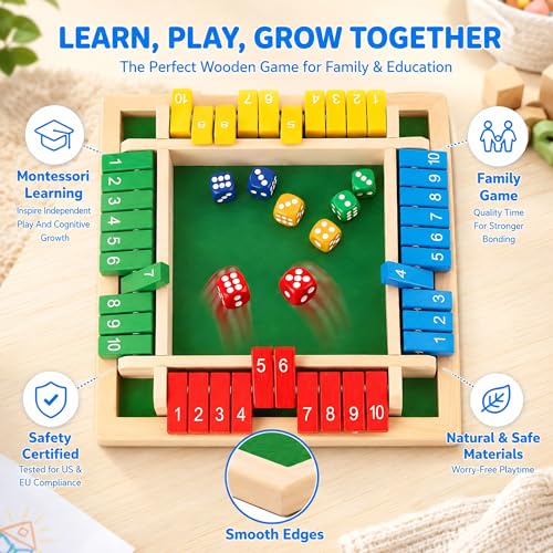 Shut The Box Math Board Game Wooden Dice Toy for 1-4 Players Kids Adults | Montessori STEM Education, Fine Motor Skills, Hand Eye Coordination, Preschool Development, Family Night, Camping Activity
